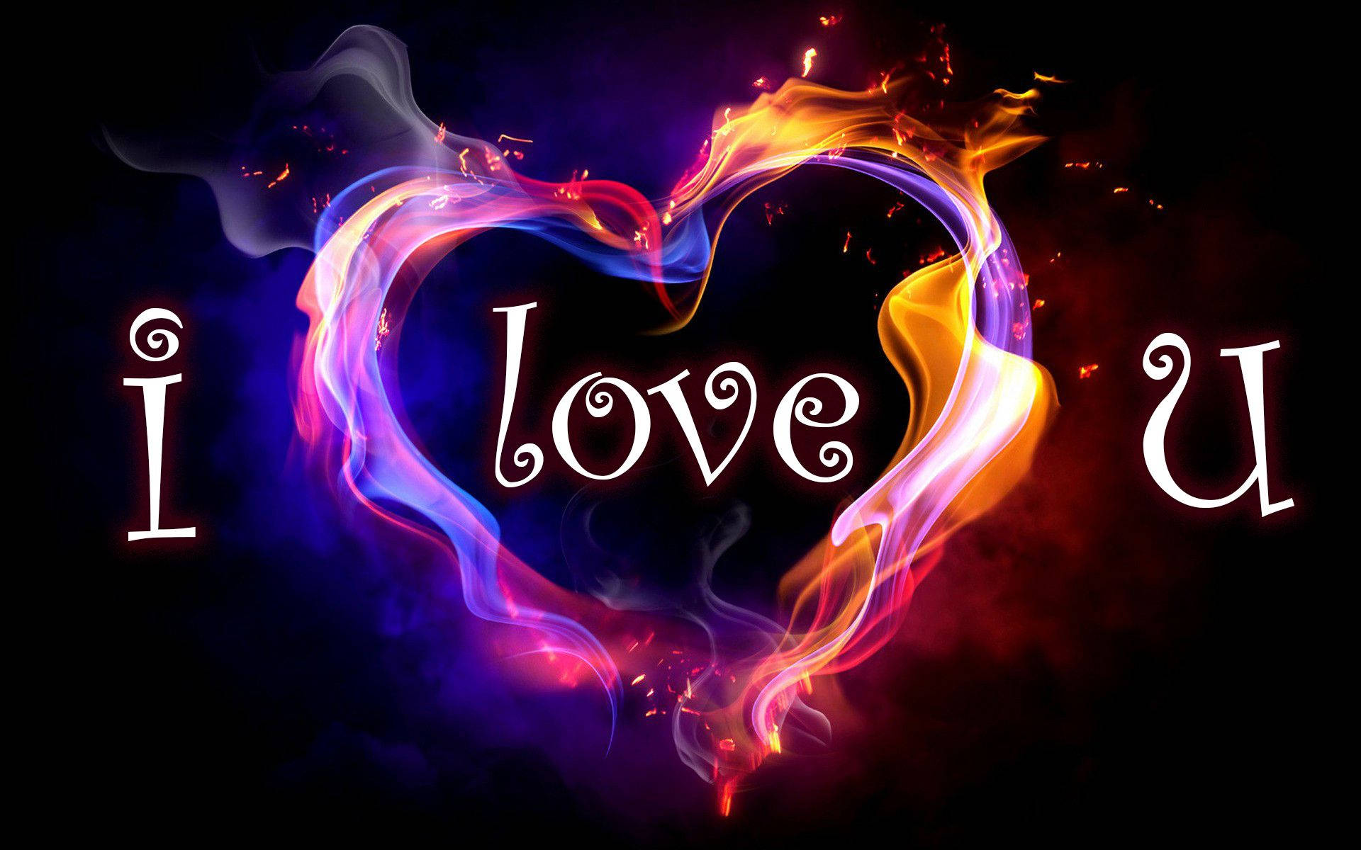 帶有煙霧和發光文字 I Love U 的火熱心形。