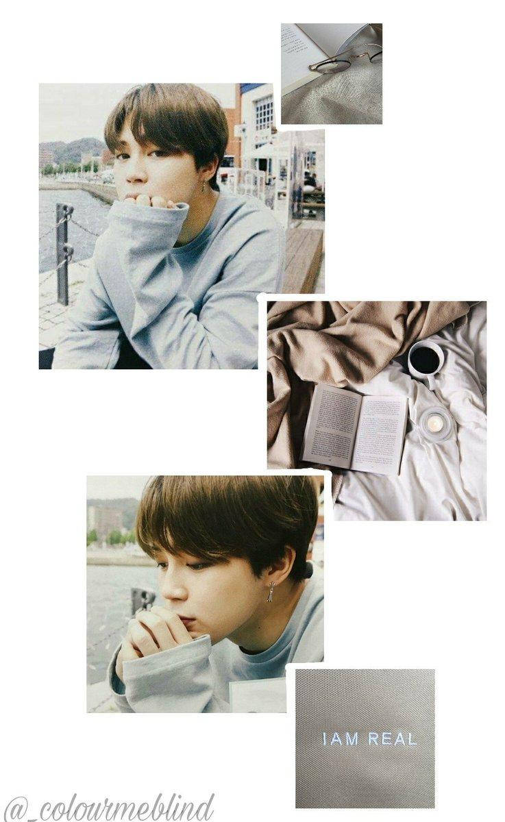 我就是真實 Jimin 美學 壁紙 — 一位身穿灰色運動衫的年輕男子在水邊的拼貼畫，搭配舒適的閱讀和咖啡時光。