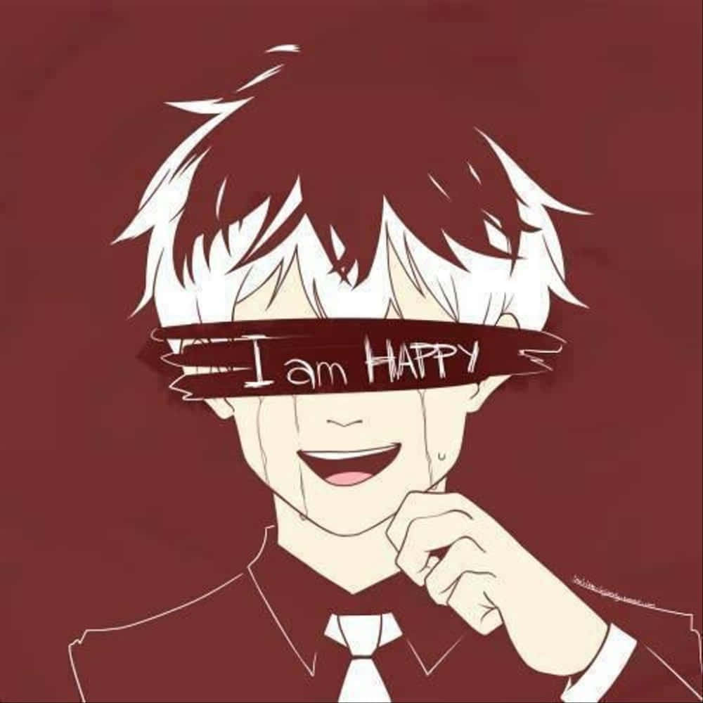 動畫角色，白髮，紅色眼罩，微笑，眼睛上方有文字「I am HAPPY」。