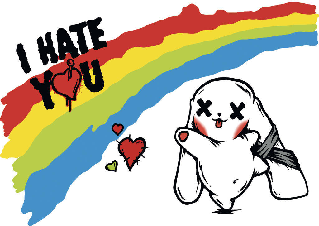 卡通兔仔有X眼睛同伸出脷喺彩虹下面，有『I HATE YOU』文字同紅色心心。