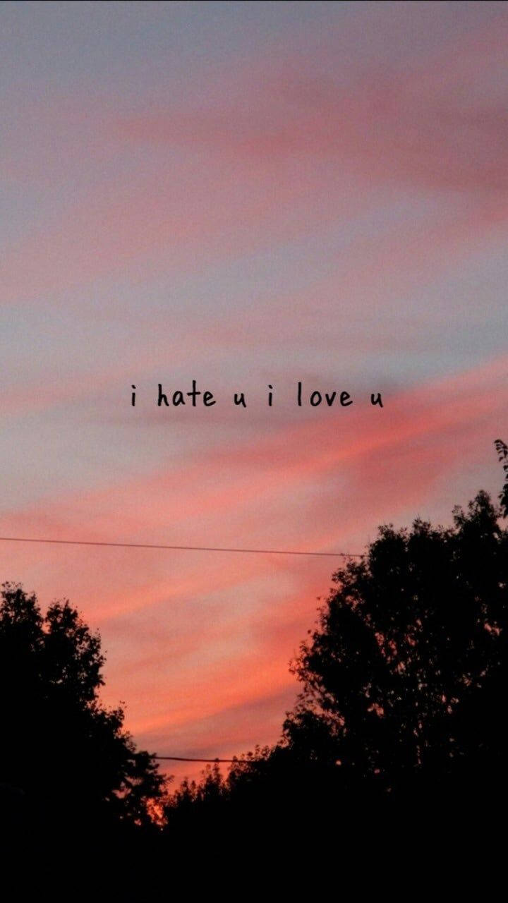 粉紅色和橙色日落天空，樹木剪影和文字 i hate u i love u