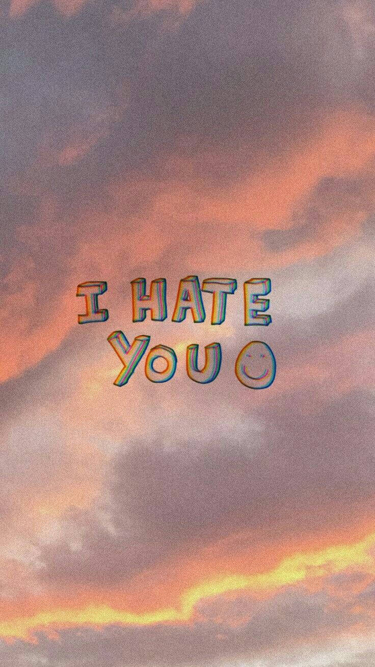 文字寫著「I HATE YOU」並帶有笑臉，背景是色彩繽紛的日落天空。