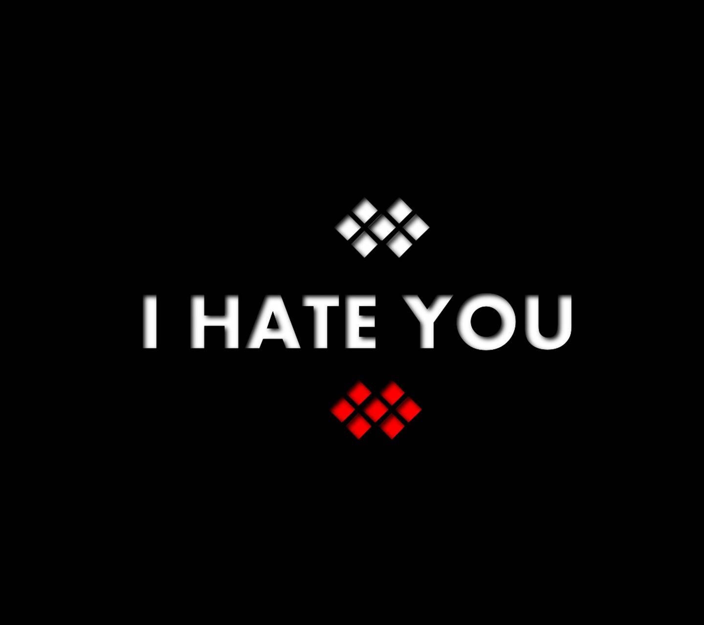 文字圖形，在黑色背景上以紅色和白色菱形符號顯示「I HATE YOU」。