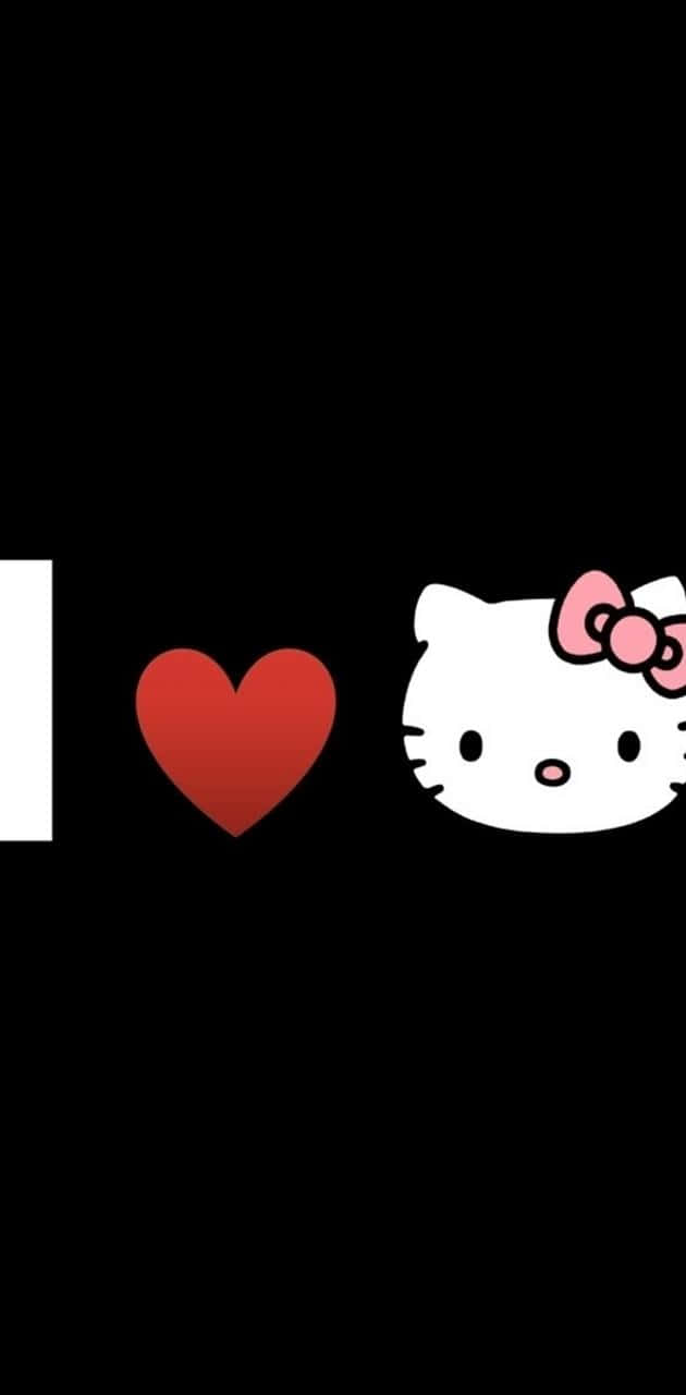我愛 Hello Kitty 壁紙 — 一個極簡黑色背景上有一條白色垂直條、一個紅色心形和一個戴著粉紅色蝴蝶結的Hello Kitty頭像。