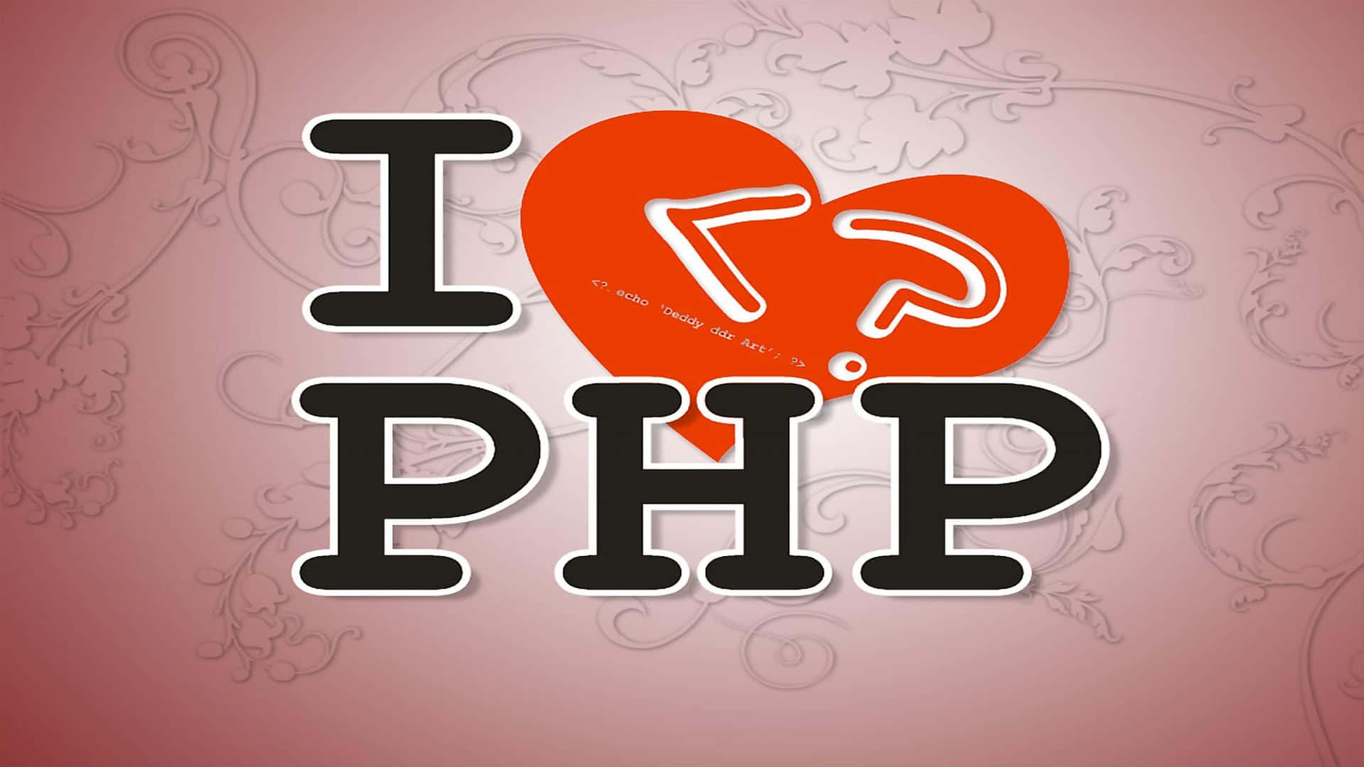 粉紅色華麗背景上的紅色心形標誌I love PHP文字