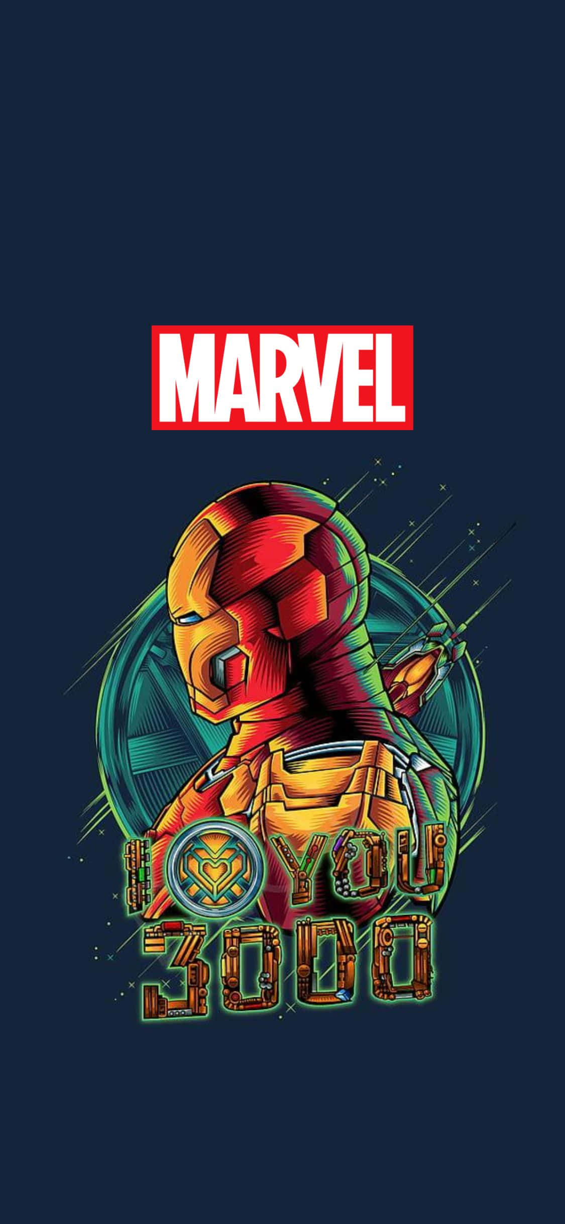 「我愛你 3000」鋼鐵人 iPhone XS Marvel 壁紙 — 鐵甲奇俠身穿鮮豔金屬盔甲，在深藍色背景上大膽站立，帶有發光綠色點綴和上方的Marvel標誌。