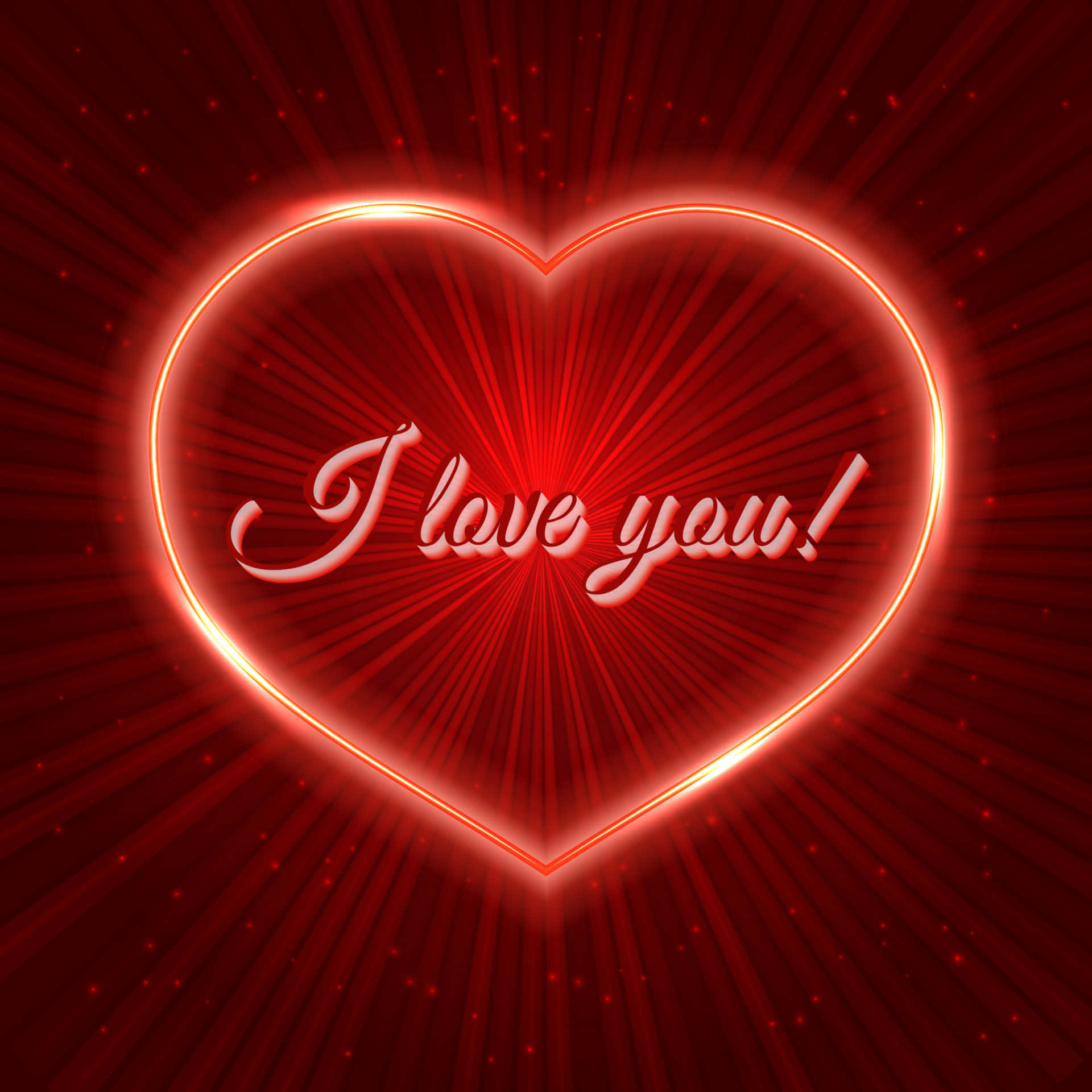 我愛你 壁紙 — 一個發光的紅色霓虹心形，帶有「I love you!」文字，在帶有星爆射線的深紅色背景上散發溫暖。