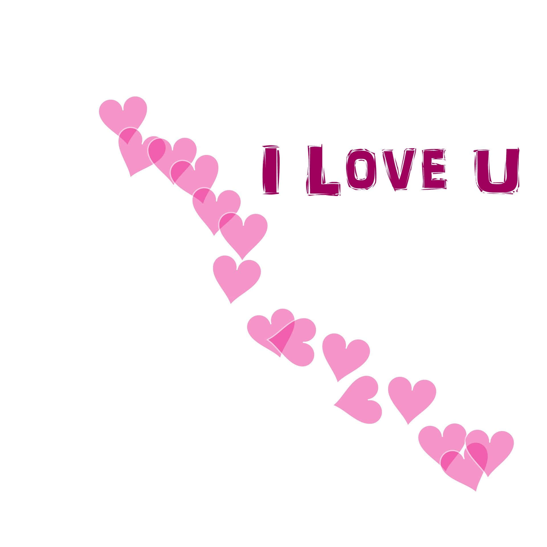 我愛你 壁紙 — 粉紅心形沿對角線排列，旁邊是粗體洋紅色文字「I LOVE U」，背景為純白色。