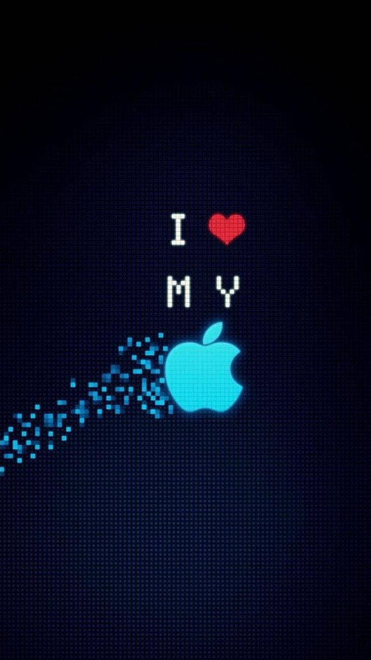 像素化的藍色Apple標誌，後面有「I ❤️ MY」文字在深色數位網格上跟隨。