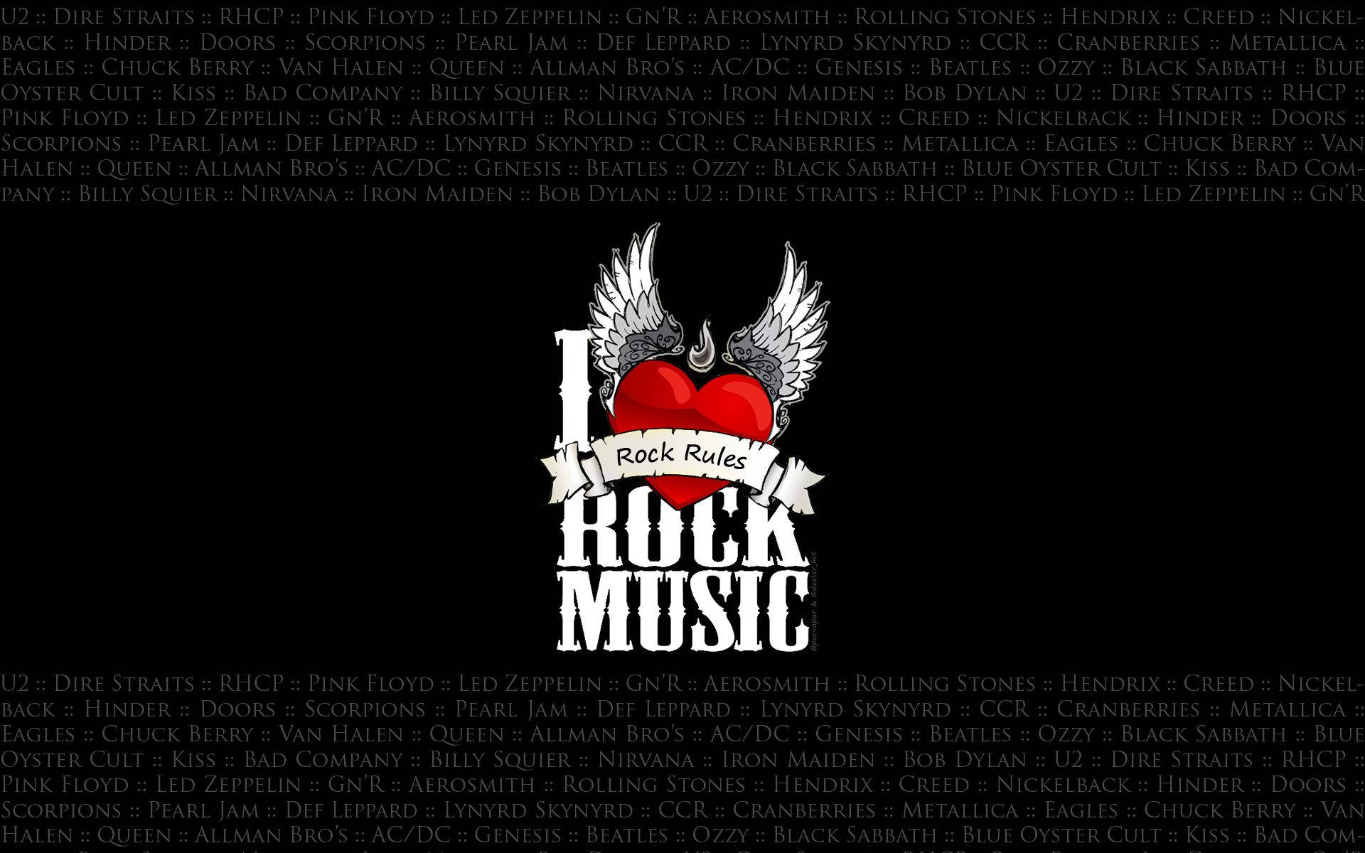 一個帶翅膀的紅色心形和「I Love Rock Music」文字，周圍環繞著樂隊名稱。