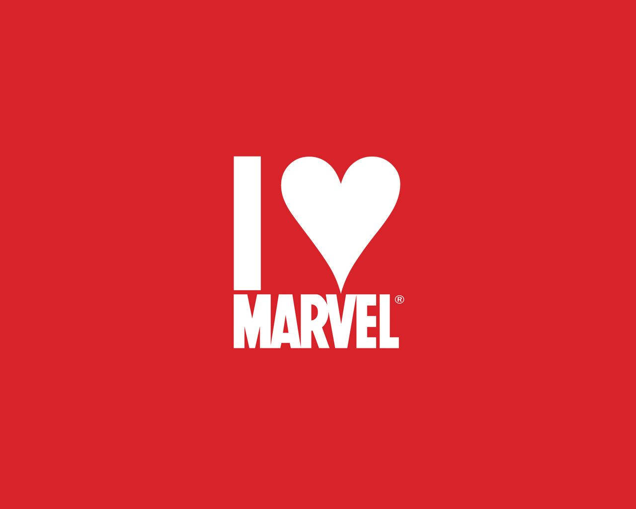 白色 I heart MARVEL 標誌喺紅色背景上