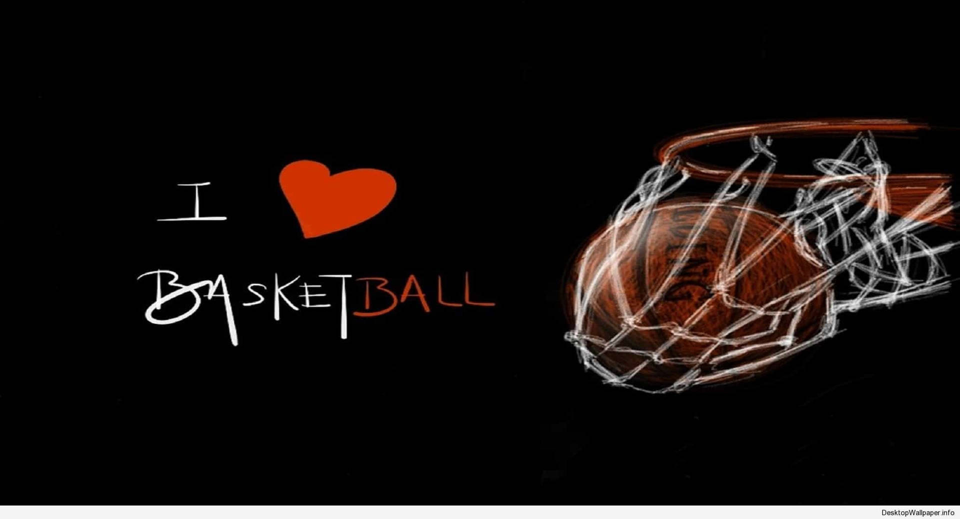 我愛籃球！ 壁紙 — 一個風格化的籃球圖案，帶有「I ❤️ BASKETBALL」文字在黑色背景上。