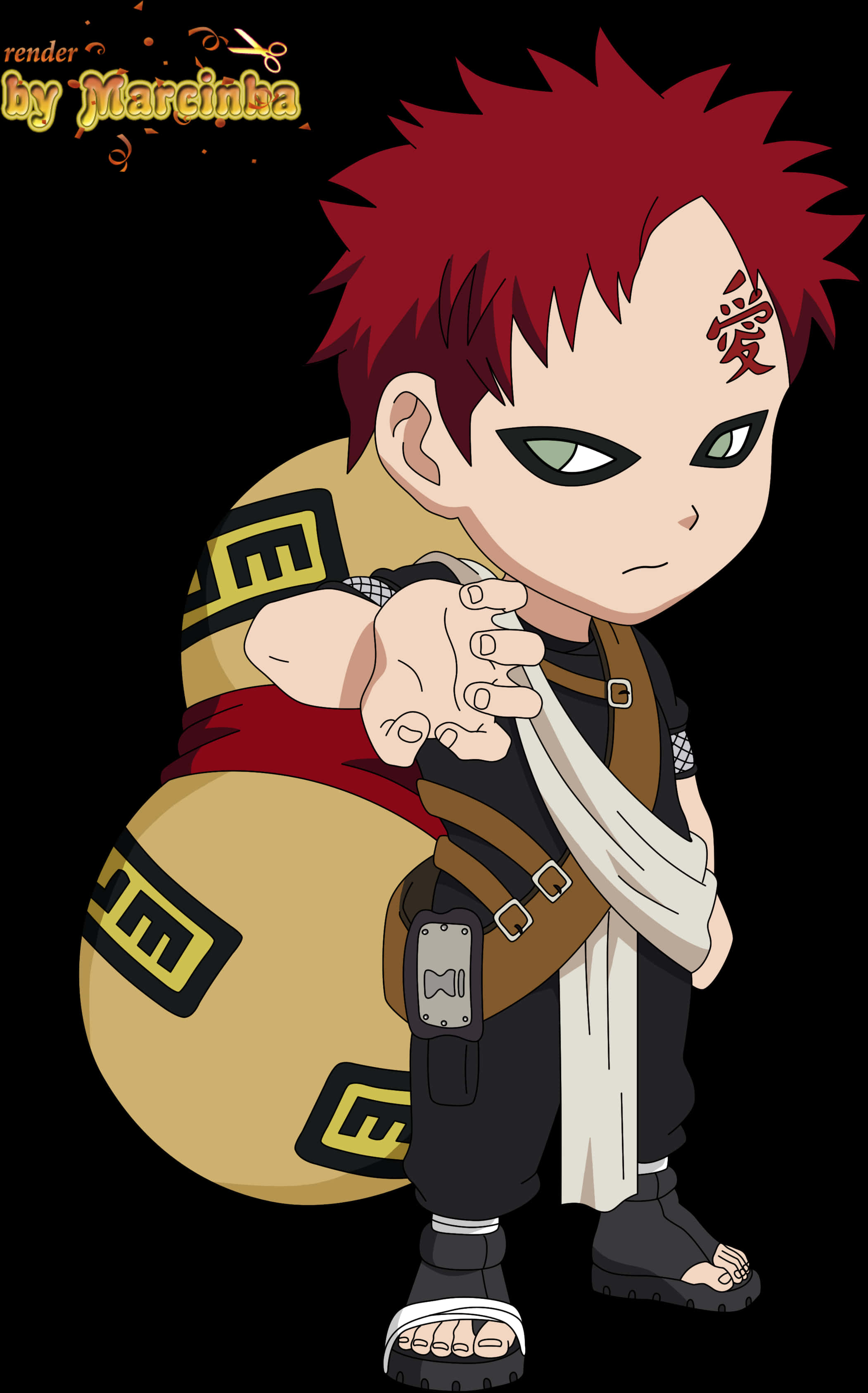 我愛羅 鳴人動畫角色 壁紙 — Chibi動畫男孩，紅色刺蝟頭，綠色眼睛，穿著忍者裝備，在黑色背景前伸出手。