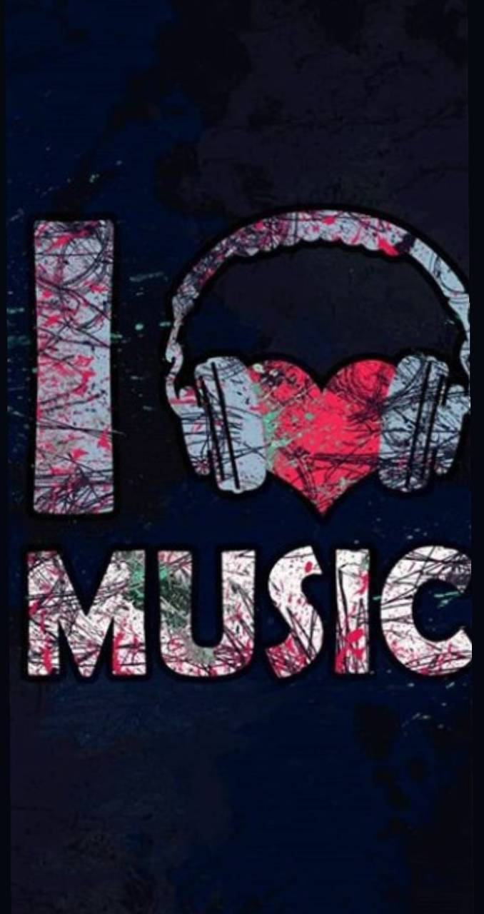 我愛音樂手機壁紙 壁紙 — 大膽塗鴉風格嘅「I ❤️ MUSIC」圖案，耳機形成心形，背景係深色有紋理。
