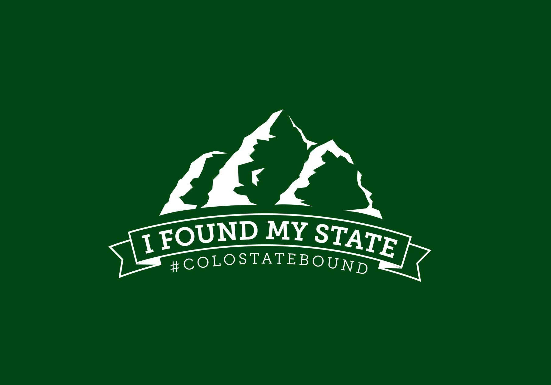 白色山脈標誌，附有橫幅文字 I FOUND MY STATE 和標籤 COLOSTATEBOUND，背景為綠色。