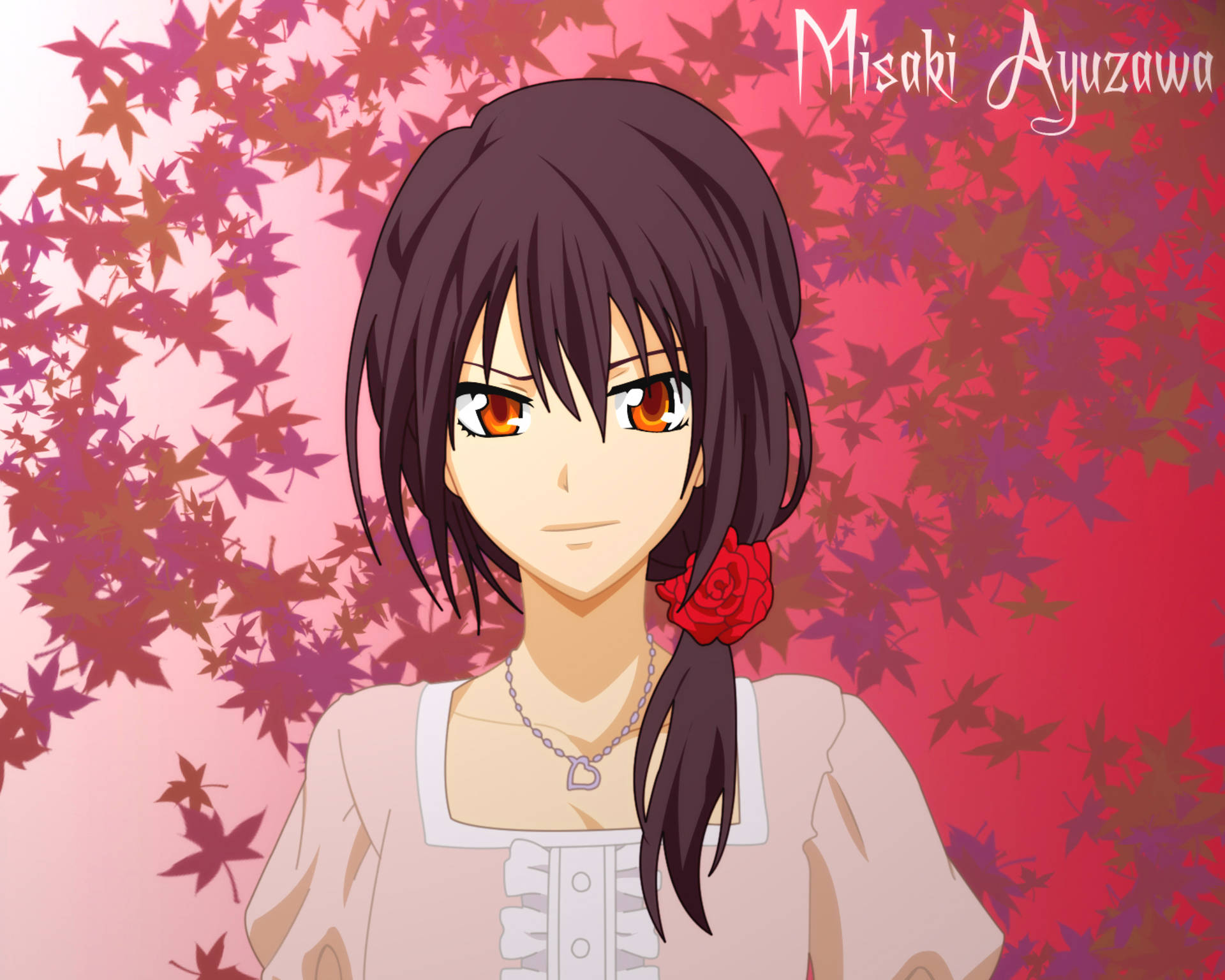 《我推的孩子》Misaki Ayuzawa 粉色系可愛數位藝術 壁紙 — 黑髮橙眼動漫女孩站在鮮紅和粉紅楓葉背景前。