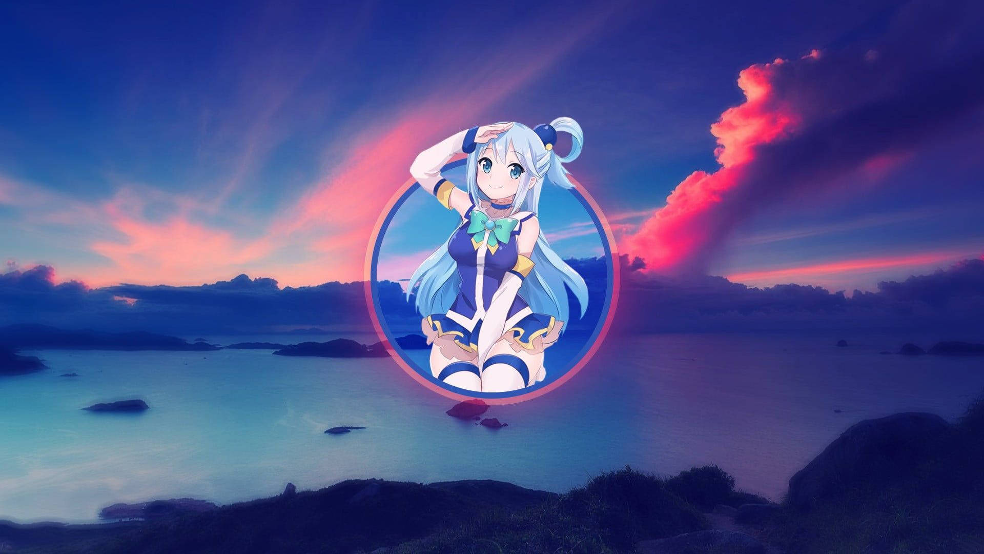 藍髮動漫女孩在日落時分海洋上發光的圓圈中。
