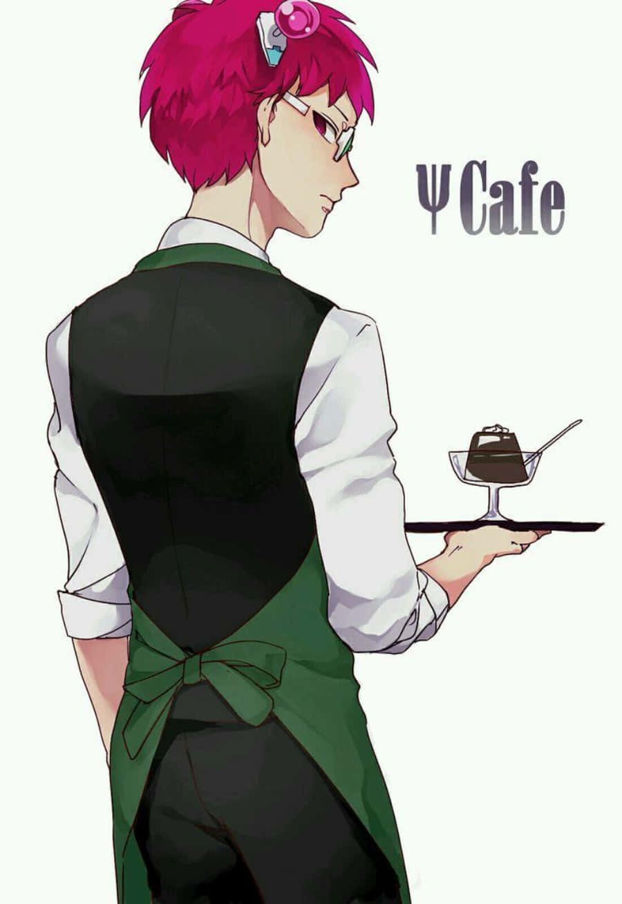 粉紅色頭髮的動漫侍應生在Psi Cafe提供朱古力甜品。