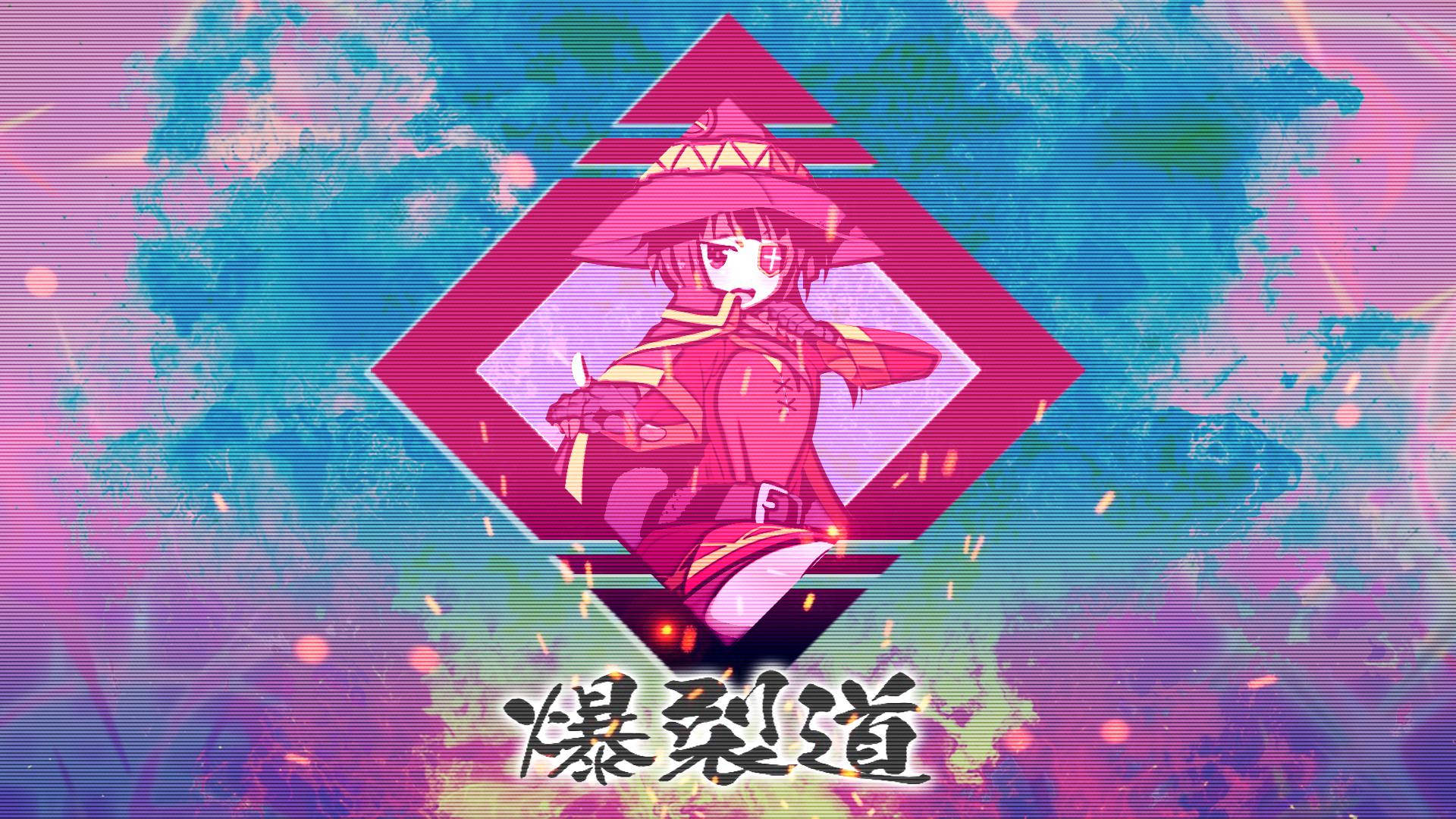 身穿紅色服裝和帽子的動漫女孩，在色彩繽紛的故障背景中，位於發光的粉紅色鑽石內。