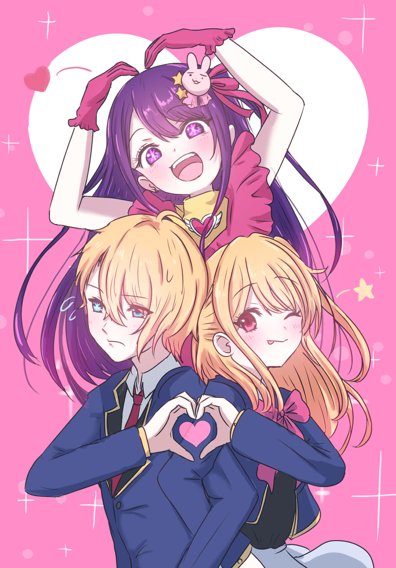 《我推的孩子》角色慶祝時刻 壁紙 — 三個穿著校服的動畫女孩在閃閃發光的粉紅色背景前用手組成一個心形，還有一個兔子毛絨玩具。