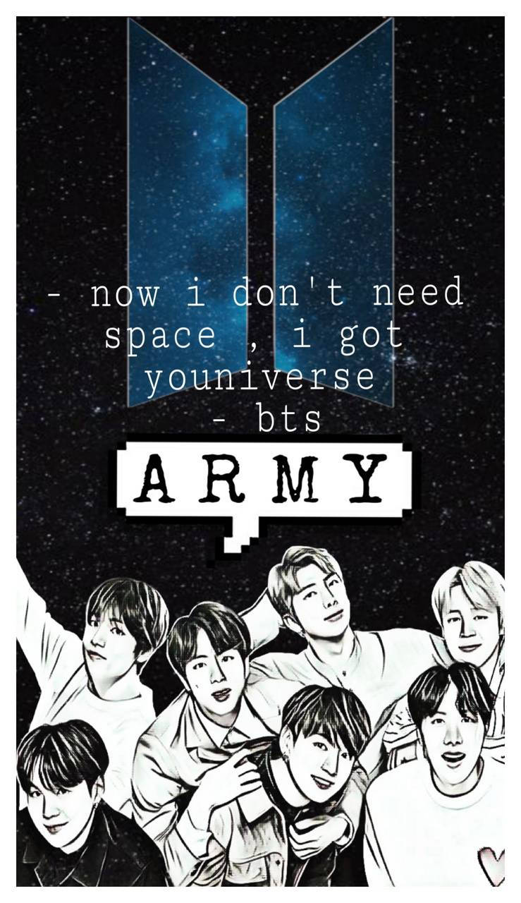 BTS成員以黑白插圖呈現，帶有星空背景和粉絲語錄。