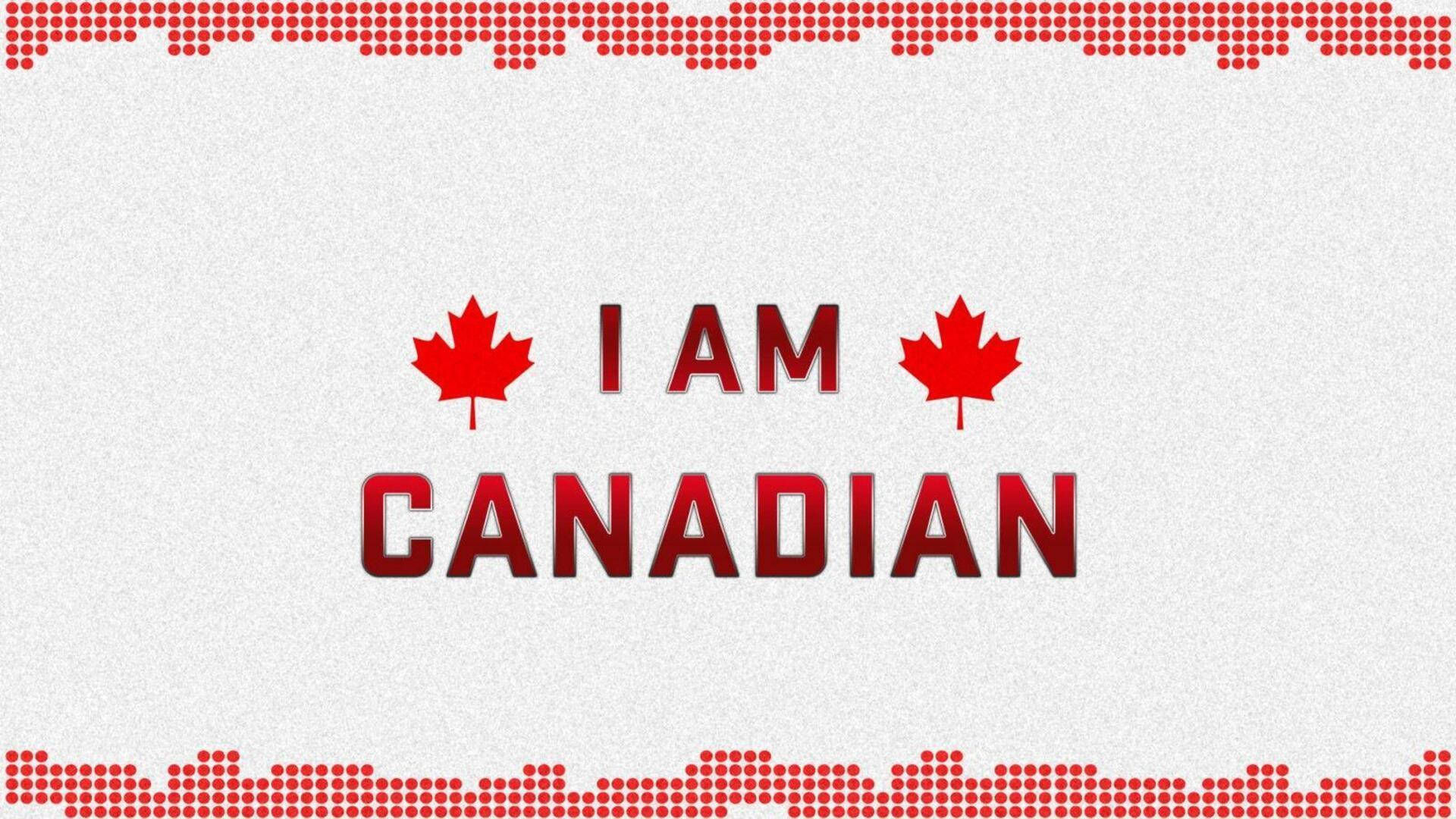 紅色文字顯示「I AM CANADIAN」，並帶有楓葉，背景為帶有紅色虛線邊框的白色紋理背景。