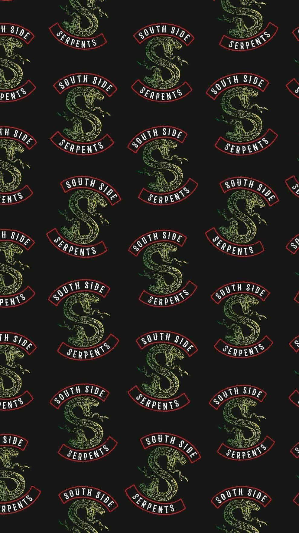 黑色牆紙，重複的紅色和綠色 South Side Serpents 蛇形標誌。