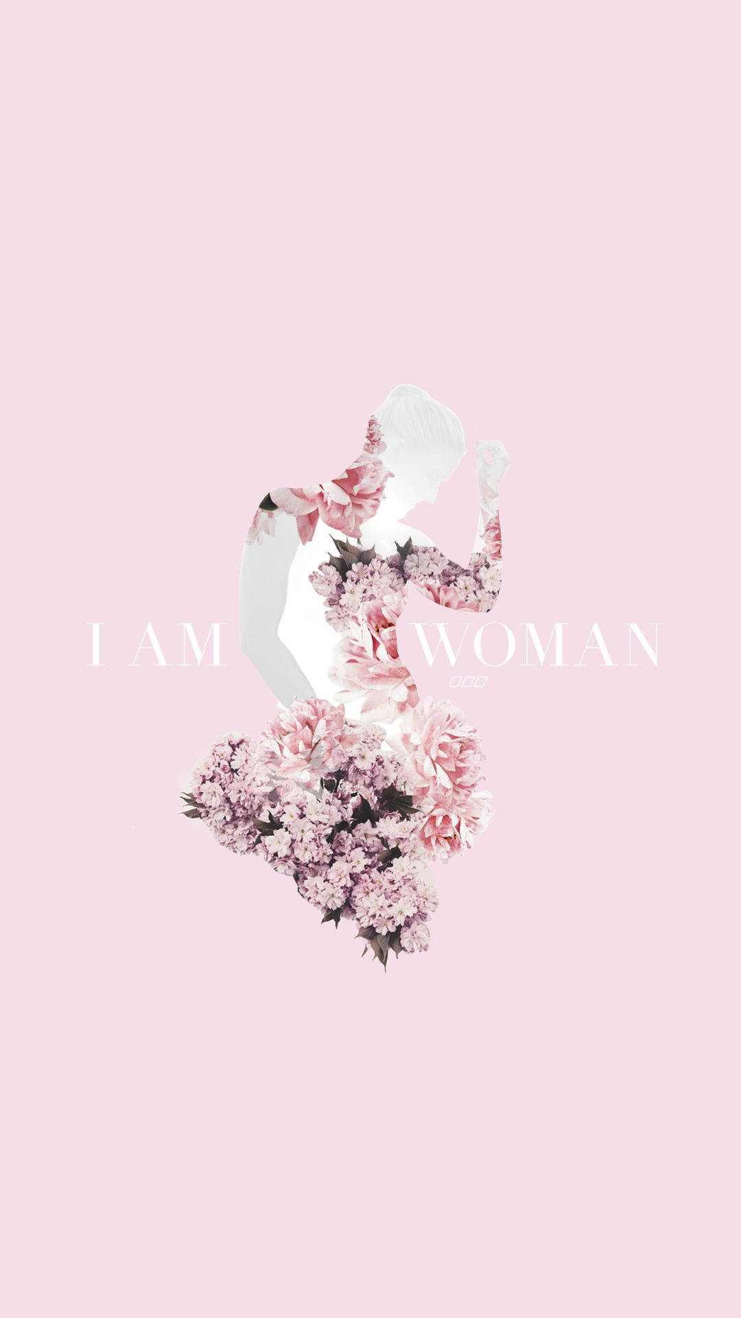 一個由粉紅色花朵組成的女人剪影，帶有文字「我是女人」。