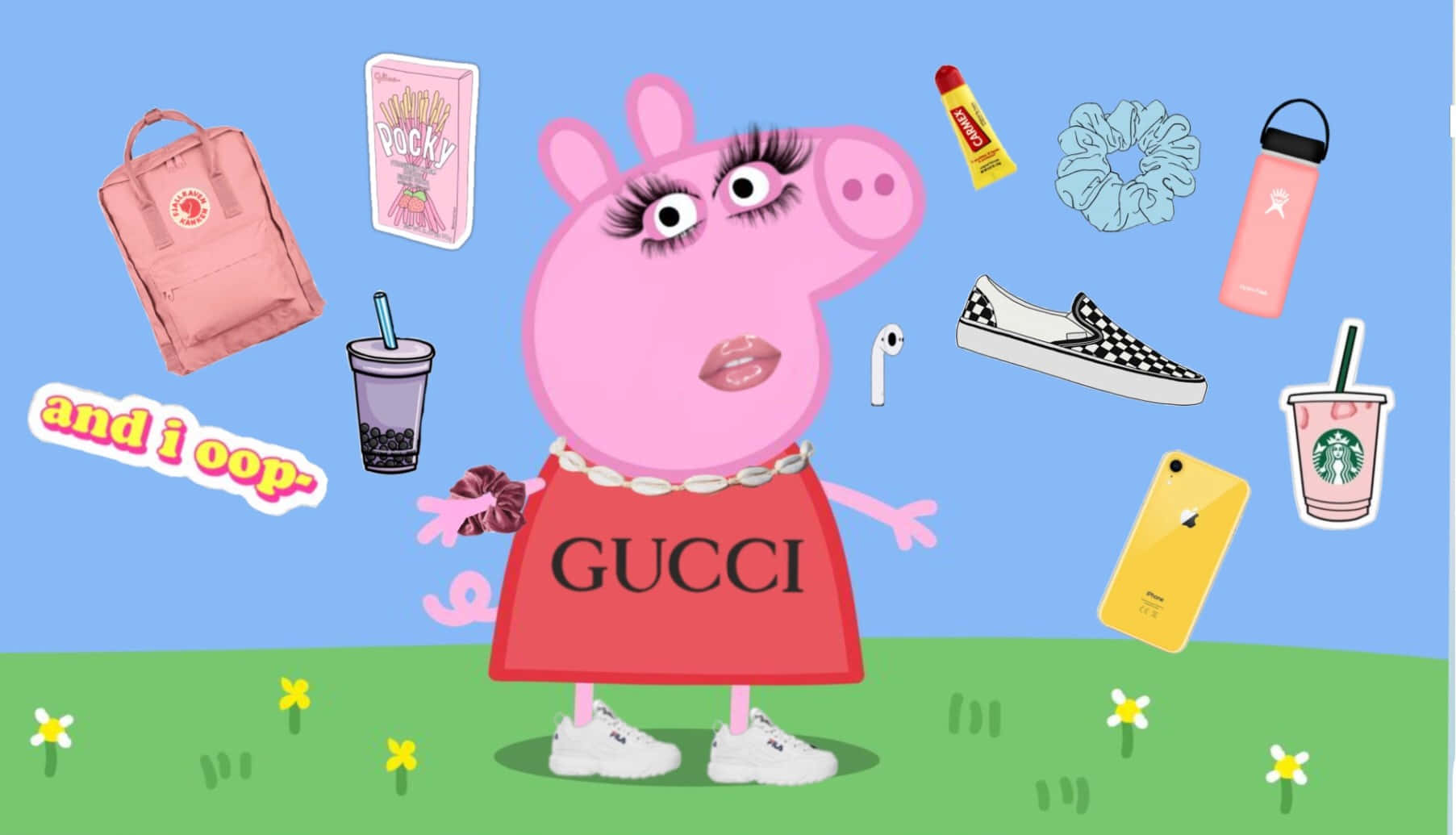 Peppa Pig 穿著 Gucci 連衣裙，在草地上被時尚物品包圍。