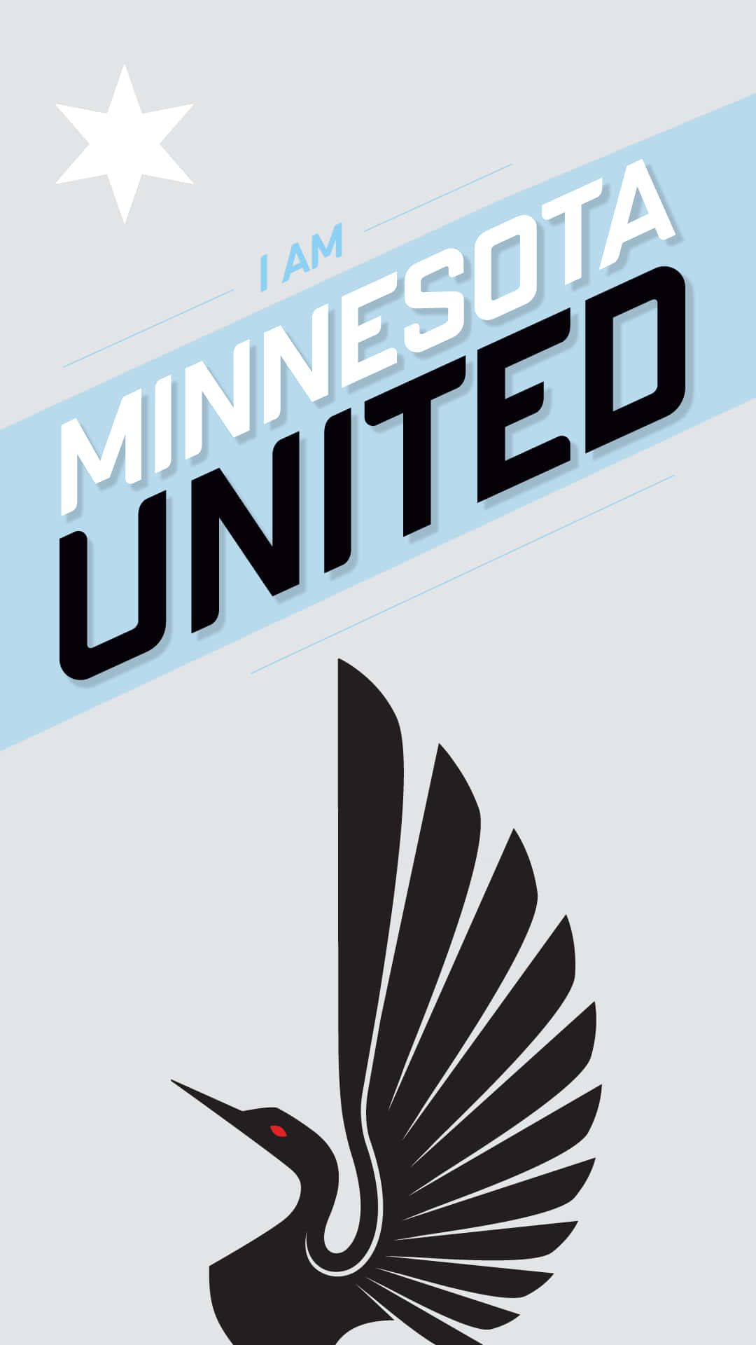我是明尼蘇達聯隊球迷海報 壁紙 — 極簡圖形，粗體文字 'I AM MINNESOTA UNITED' 位於一隻風格化的黑色鳥上方，鳥展翅並有紅色眼睛。
