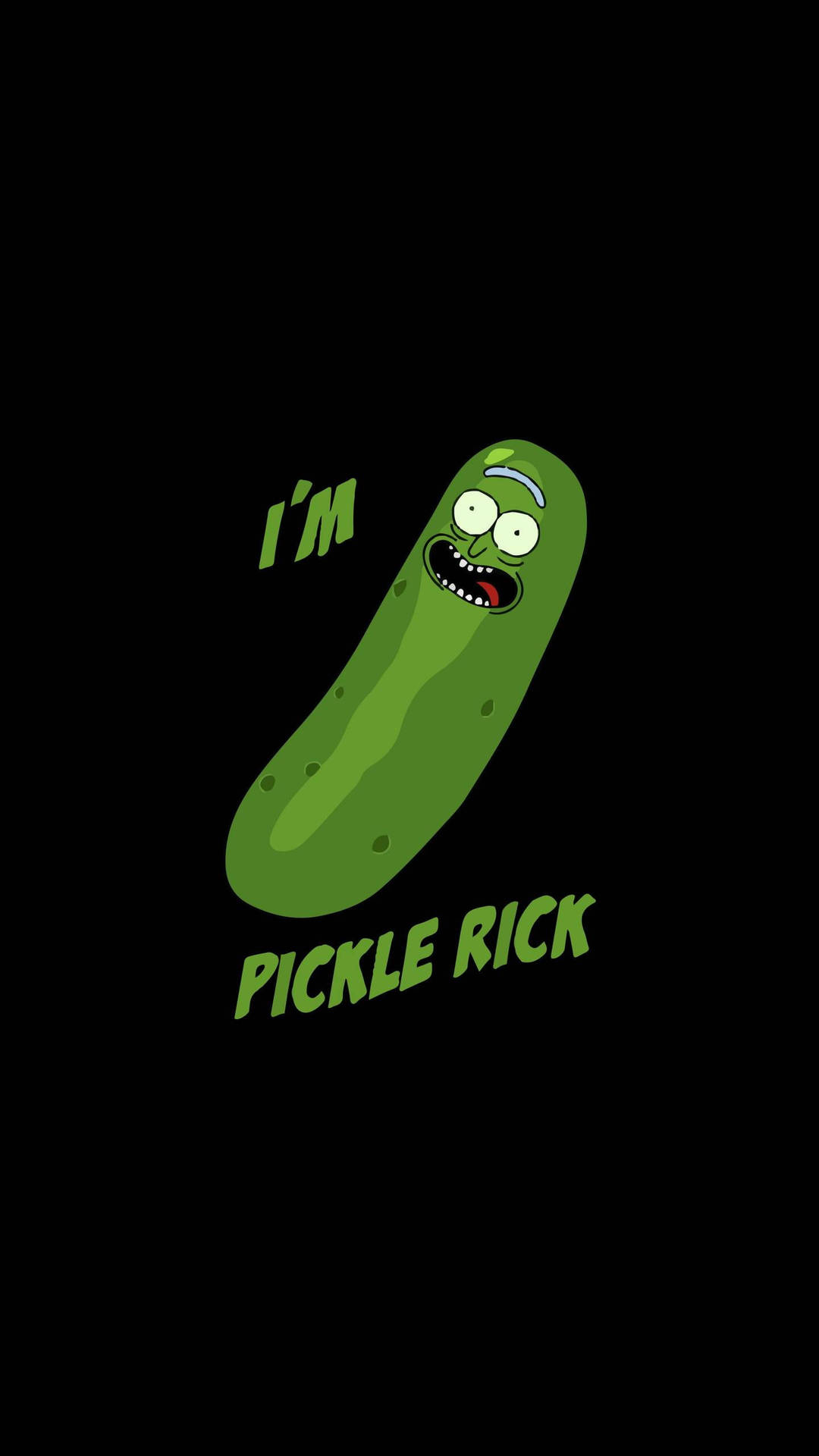 卡通醃青瓜角色，黑色背景上帶有文字 I'm Pickle Rick