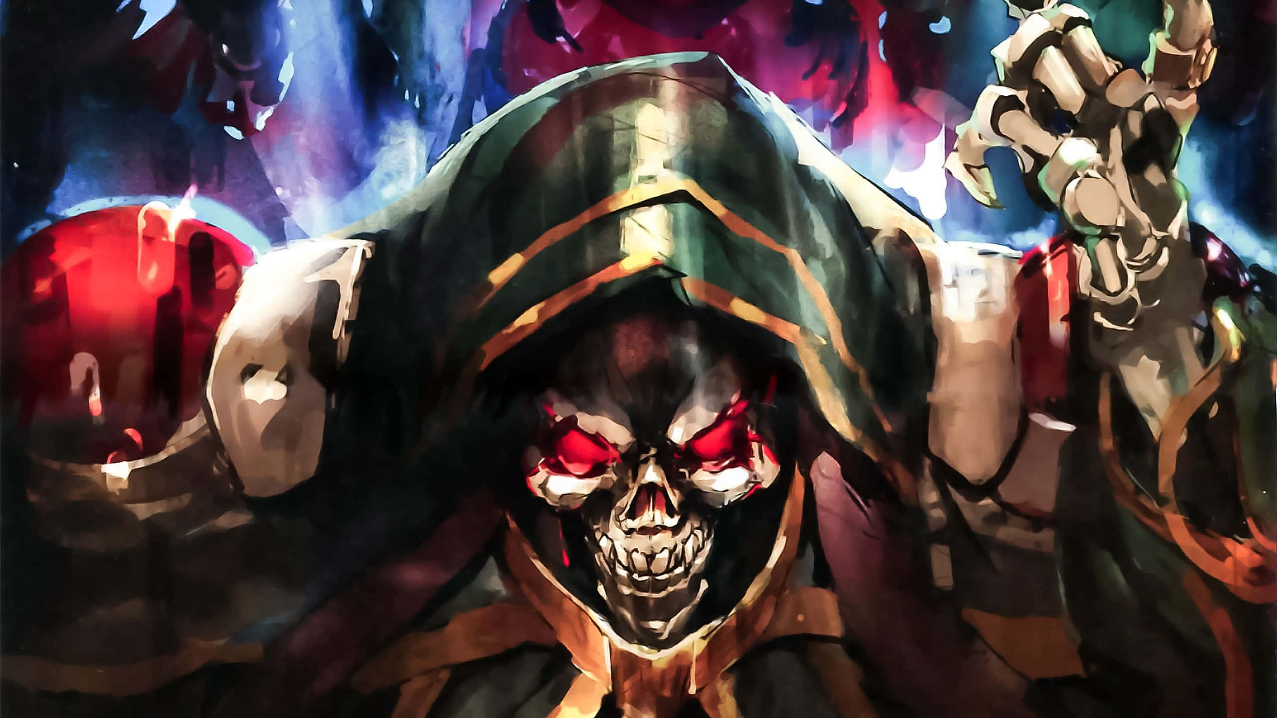 「我是阿尼茲·歐艾爾·高恩，Overlord」 壁紙 — 一個戴著兜帽的威脅性骷髏形象，擁有發光的紅色眼睛和舉起的骷髏手，背景是黑暗的火熱背景。