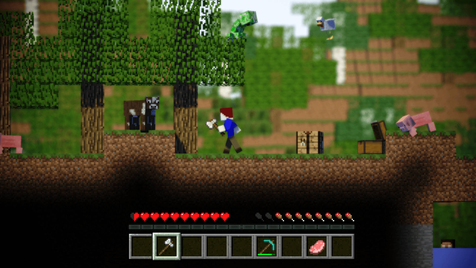 Minecraft玩家在森林中與動物和箱子一起
