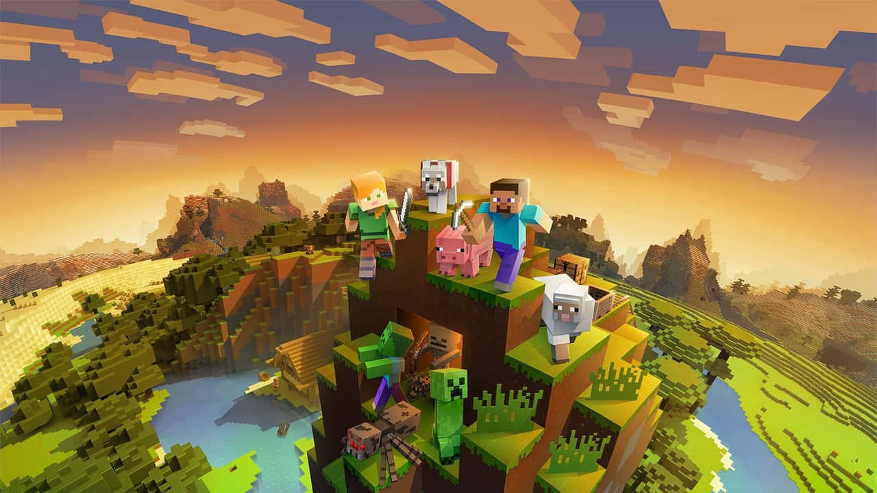 日落時懸崖上的Minecraft玩家和動物
