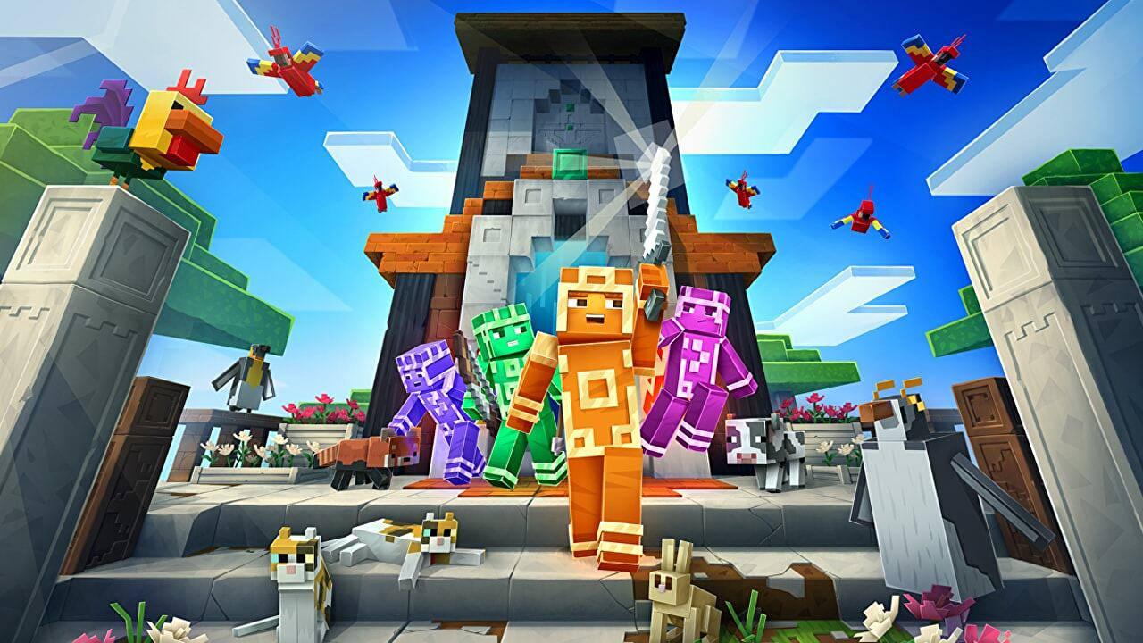 手持劍的Minecraft角色站在塔前，塔周圍有飛行的生物和彩色方塊。