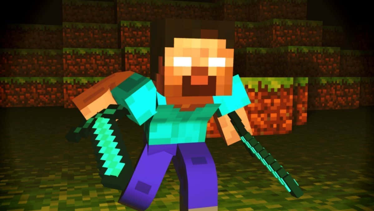 Minecraft角色在地下洞穴中手持鑽石劍 — 我的世界 壁紙