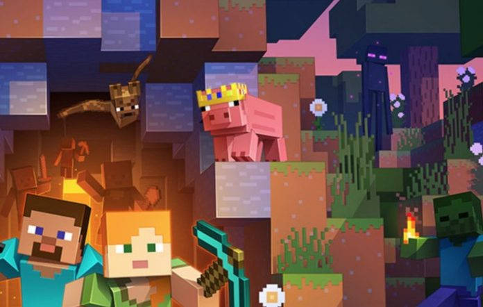 Minecraft角色Steve和Alex與豬和殭屍在方塊世界中。