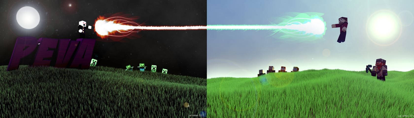兩個方塊狀的Minecraft角色穿過草地發射發光的射線。