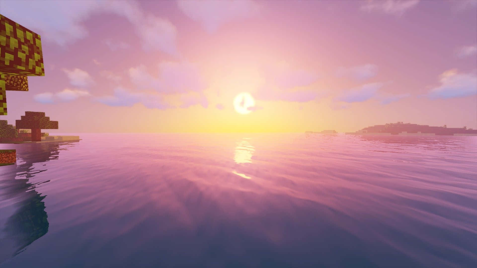 像素化嘅Minecraft方塊喺日落時分，喺平靜嘅水面上，天空係粉紅色同金色。