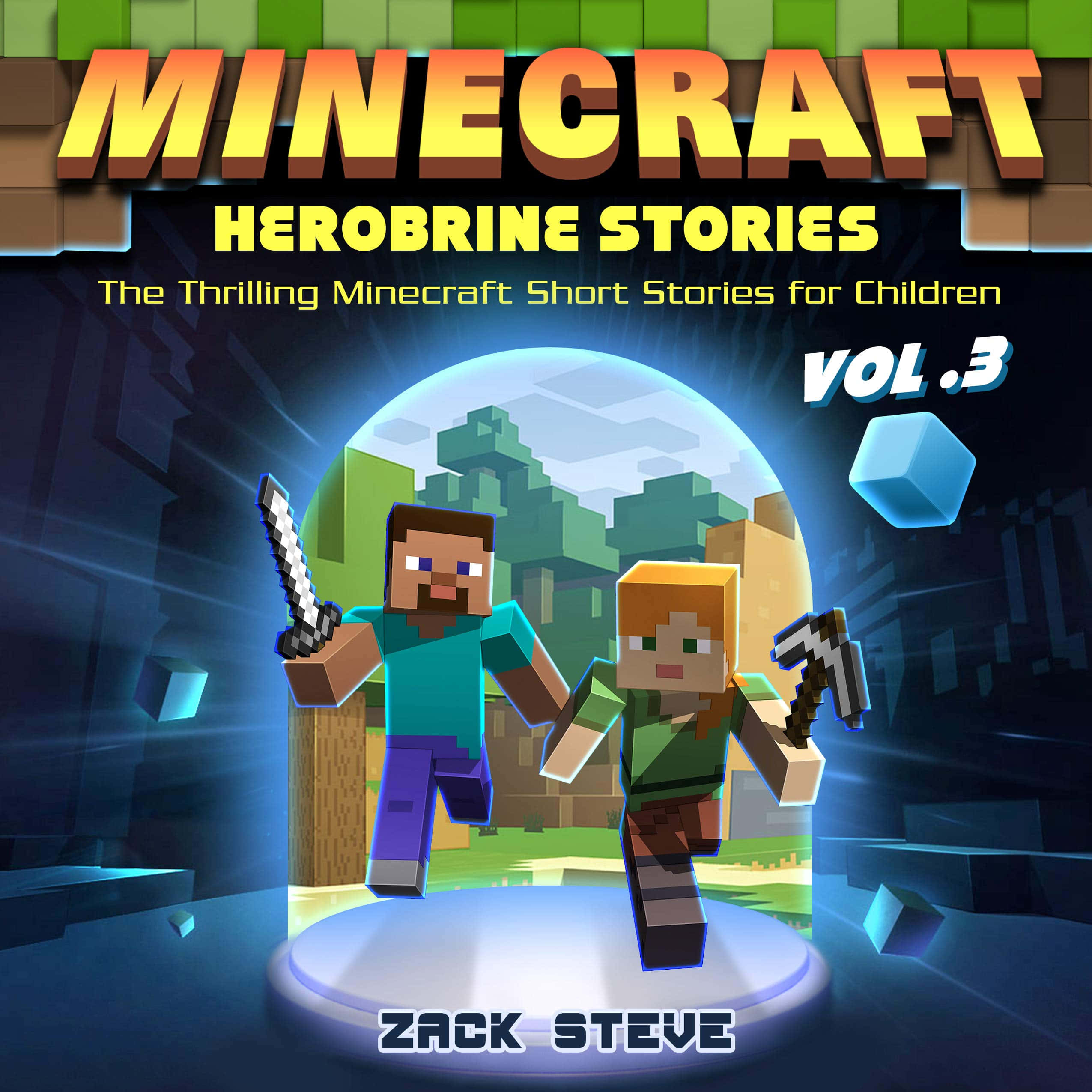 《我的世界》中的傳奇人物——赫羅布林 壁紙 — 兩個Minecraft角色英雄地站在一個發光的傳送門中，周圍有方塊樹和漂浮的立方體，處於黑暗的數位場景中。