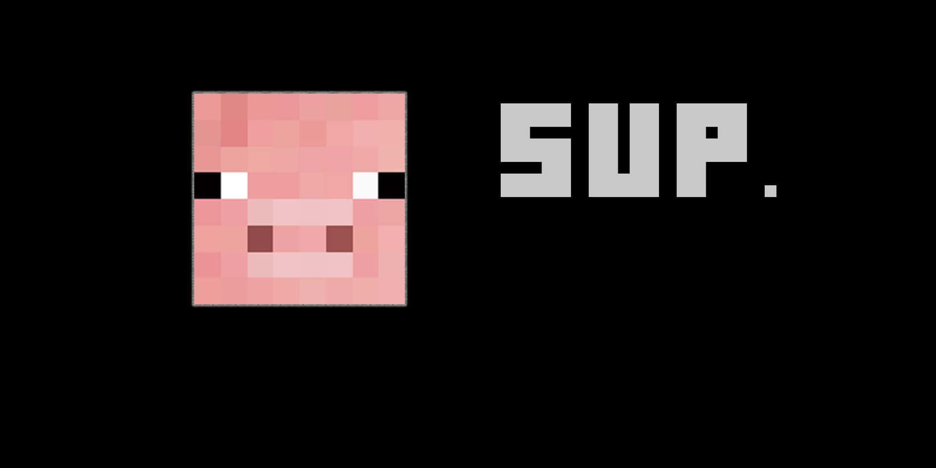 黑色背景上帶有「SUP」文字的像素化豬臉。