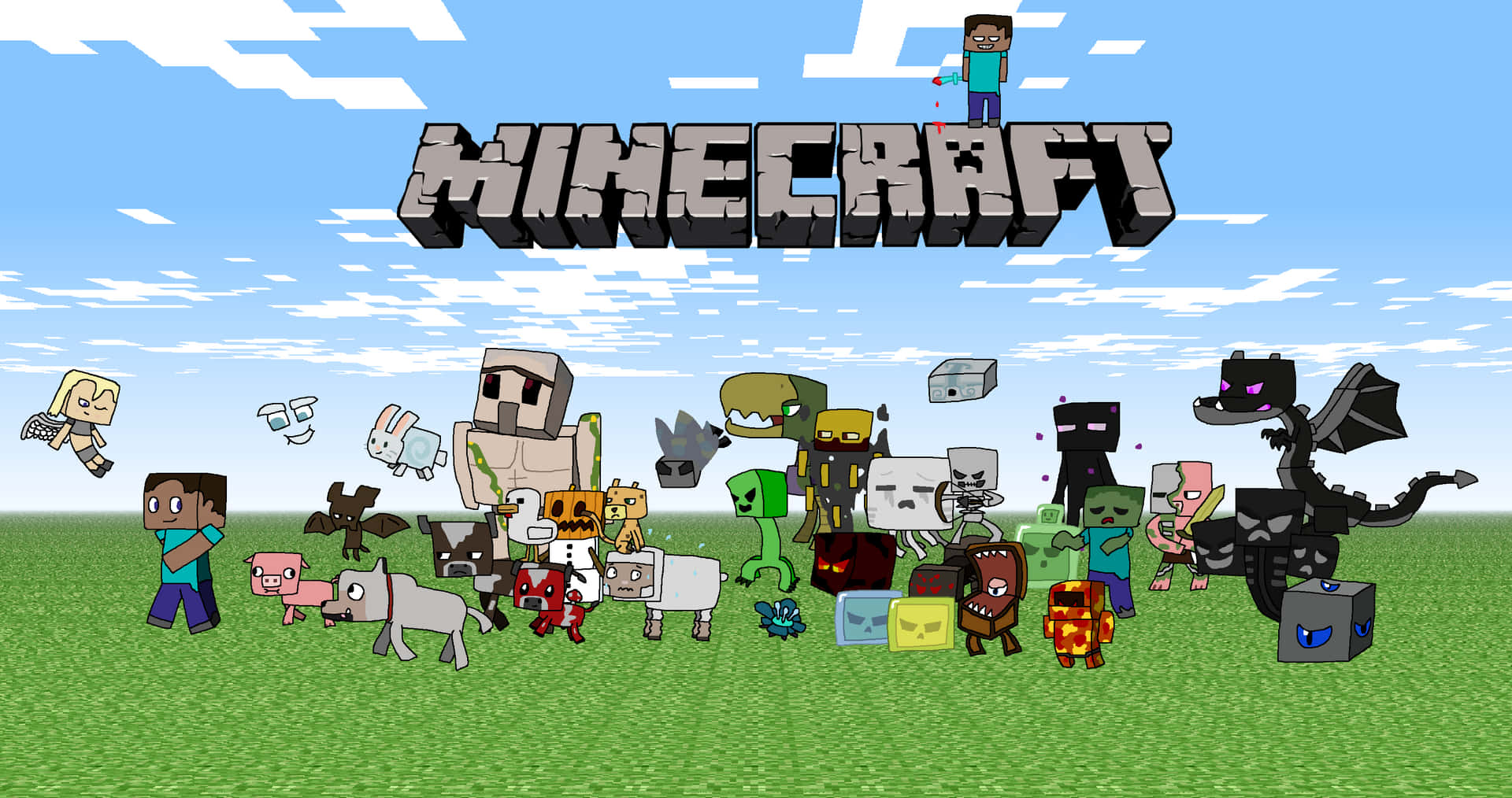 Minecraft角色聚集在草地上，藍天之上有遊戲標誌。