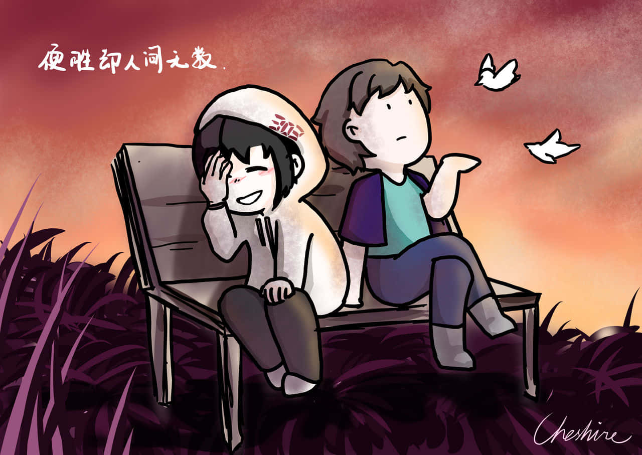 《我的世界》中的神秘反派：赫魯布林 壁紙 — 兩個卡通朋友坐在日落時的長椅上，一個笑著遮住臉，另一個指著頭頂飛過的鳥。