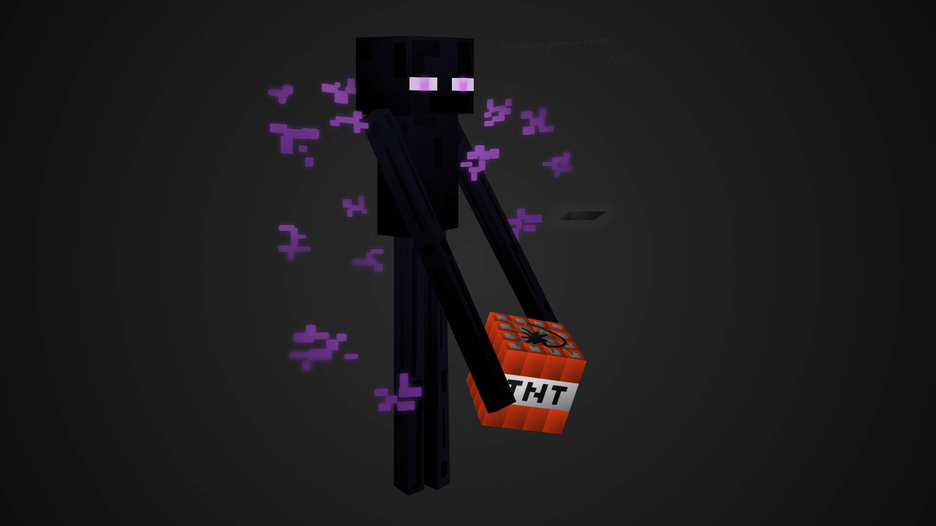 《我的世界》中的終結者：神秘生物 壁紙 — 一個像素化的Minecraft終界使者喺深灰色背景上，手持紅色TNT方塊，周圍有紫色粒子漂浮。