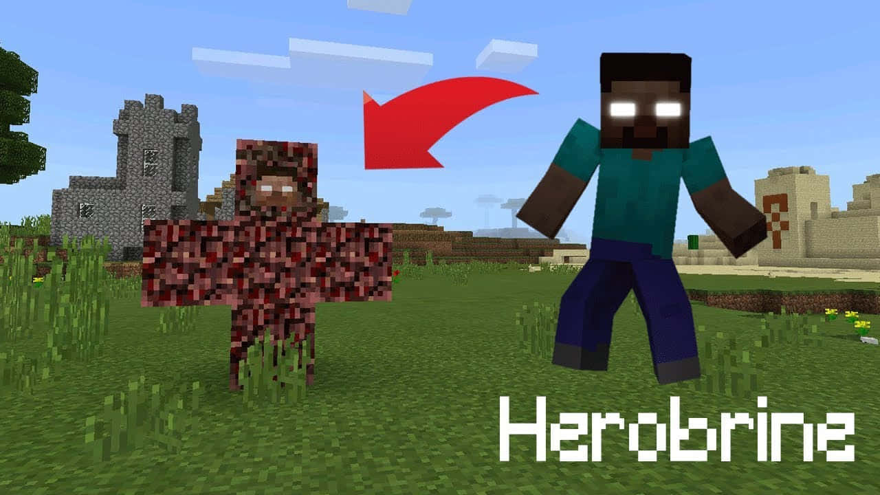《我的世界》中赫魯布林的精細插畫 壁紙 — 一個像素化的Minecraft場景顯示一個玩家角色指向一個紅色箭頭，該箭頭通向一個站在城堡附近草地上的神秘Herobrine人物。