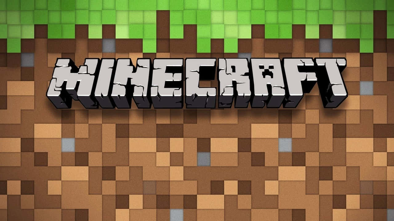 像素化 3D 風格的 Minecraft 標誌在泥土和草地方塊上。