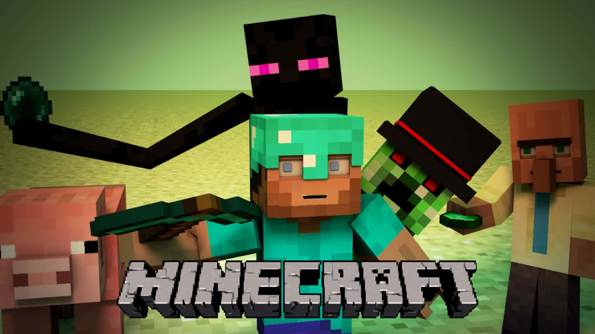 《我的世界》冒險之旅 壁紙 — 一個Minecraft角色站在中央，旁邊有豬殭屍和其他方塊狀生物，在像素化的草地場景中。
