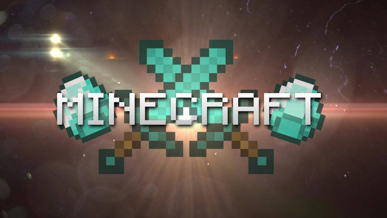 Minecraft 標誌，交叉的鑽石劍在星空宇宙背景中發光。