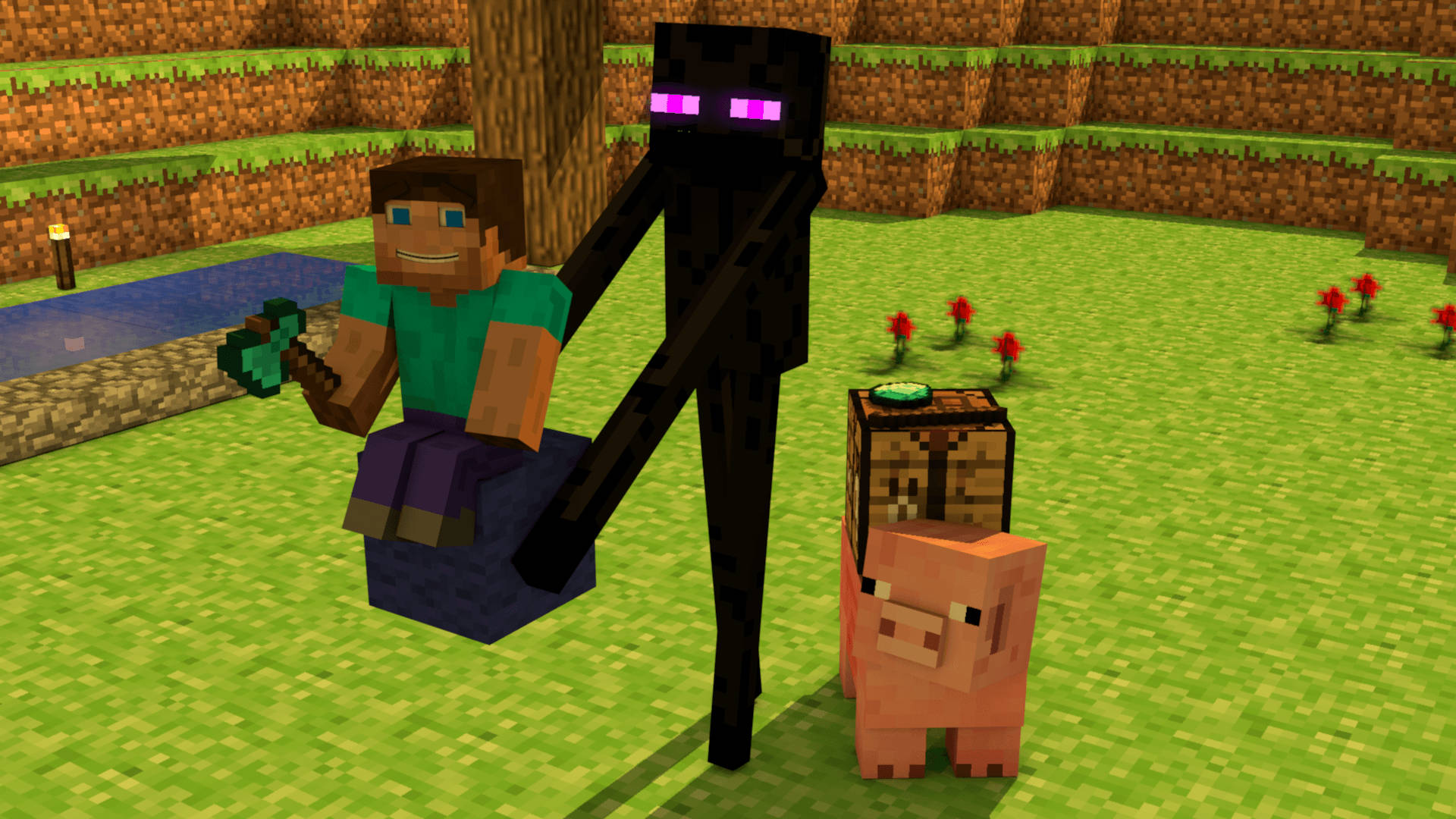 《我的世界》友善終結者 壁紙 — 一位Minecraft玩家平靜地坐在高大的黑色終界使者與粉紅色豬旁邊，身處有紅花和小池塘的草地生態域。