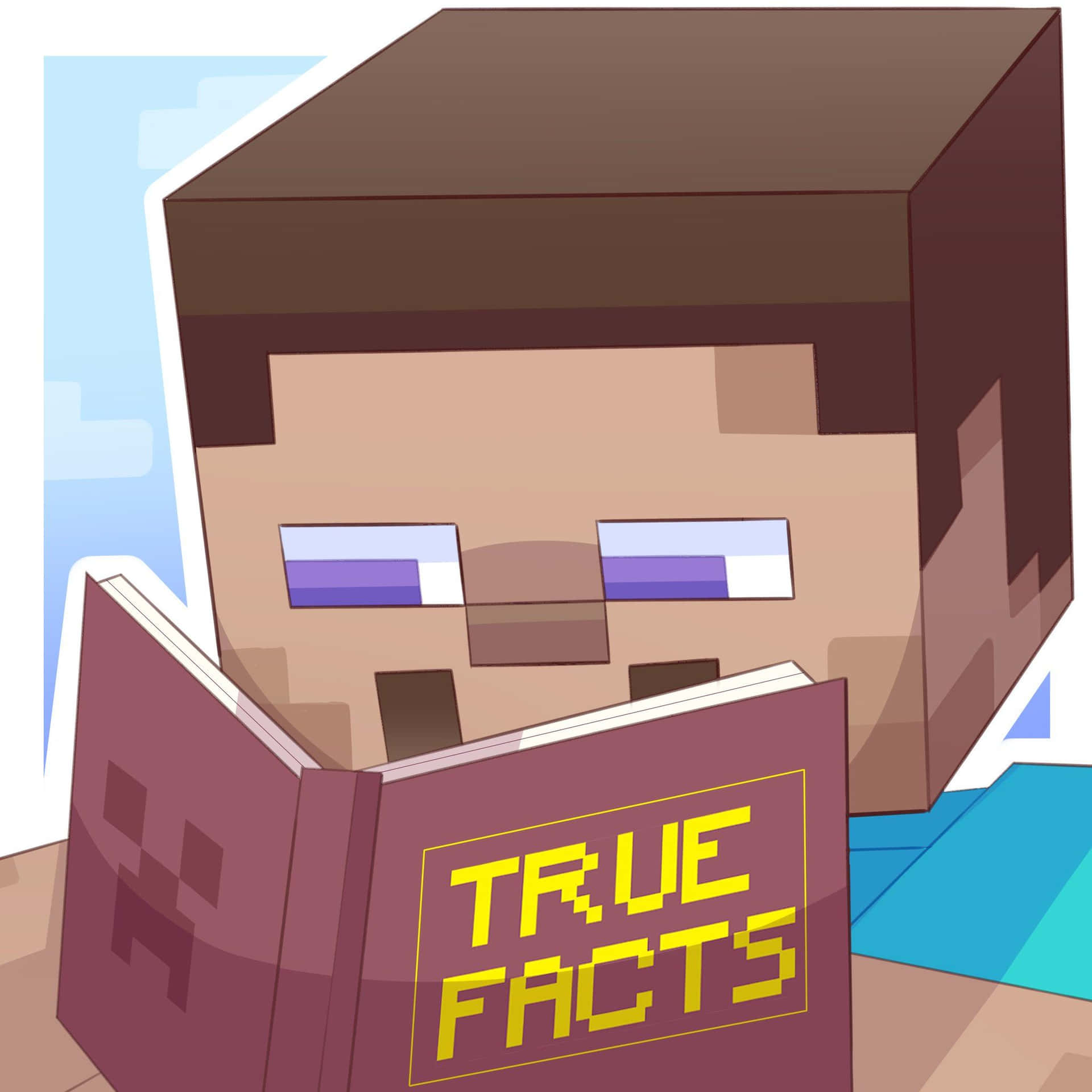 Minecraft Steve喺像素化世界讀緊一本叫True Facts嘅書。